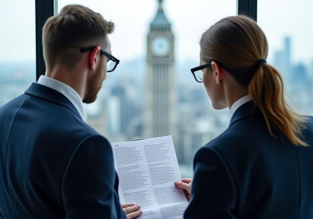 Two professionals discussing a contract in a London high-rise office