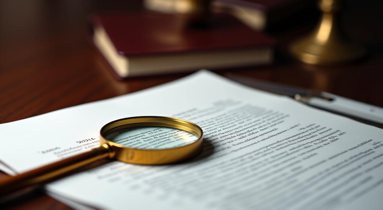 Close up of a legal document with a magnifying glass showing fine print errors
