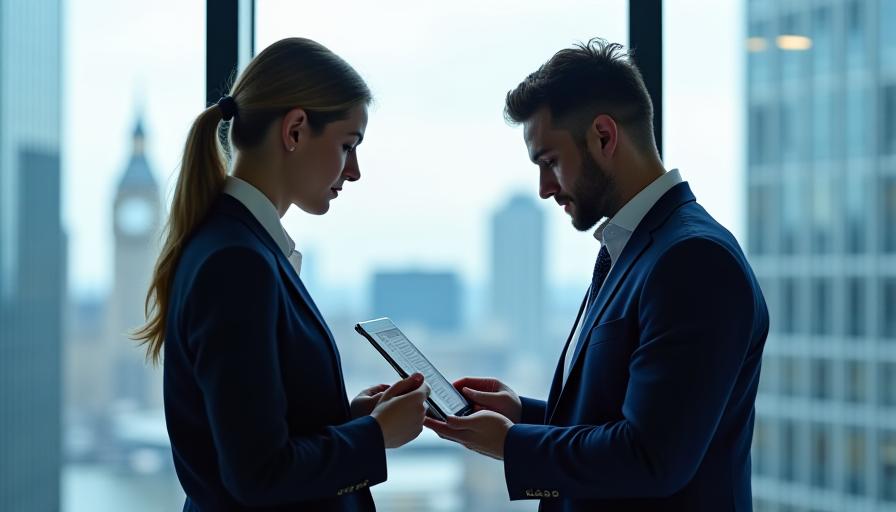 Business people discussing intellectual property rights over a clean desk in a modern corporate setting
